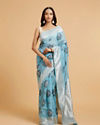 Turquoise Blue Floral Motifs in Zari Work Saree